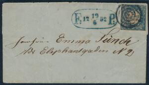 1851. 2 RBS Ferslew. Plade I, nr. 2. Type 2 SPIDS FODSTREG. Lille brev med stumt stempel og FP 19.6.1852, sendt til Elephantgaden N.2