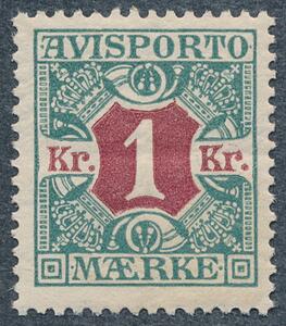 1914. 1 kr. blågrønrødbrun. Flot postfriskt mærke. AFA 4600