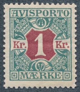 1914. 1 kr. blågrønrødbrun. Flot postfriskt mærke. AFA 4600