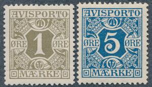 1914. 1 øre, oliven og 5 øre, blå. 2 flotte postfriske mærker. AFA 1600