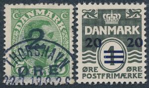 1919-1940. 25 øre, grøn med enkelt kort tak i højre side samt ubrugt 201 øre.