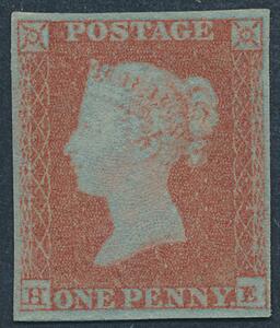 England. 1841. Victoria. One penny, red. Utakket på blåt papir. Fint ubrugt mærke, hængslet med fuld original gummi. SG £ 600