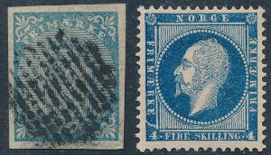 1855-1856. 4 skilling, blå, stemplet samt ubrugt 4 sk. Oscar, blå med rift i nedre venstre side ses over nedre venstre 4.