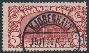 1912. Posthus, 5 kr. brunrød, vm.III. Variant Måge ved 5-tal. Retvendt stempel KJØBENHAVN 15.11.1912