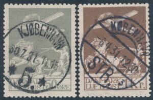 1929. Gl. Luftpost, 50 øre, grå og 1 kr. brun. Pænt stemplet sæt. AFA 4400