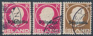 1922. Fr.VIII, 1 kr. rosa begge typer og 5 kr. brun. Pænt stemplet. AFA 2620