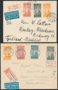 1933-36. 10 - 50 øre Ny Luftpost. 2 rekommanderede breve fra hhv. Aarhus og København til Tyskland. Det ene med 20 øre Gebyr-stempel.