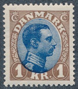1921. Chr. X, 1 kr. brunblå tp. I. Perfekt postfriskt mærke