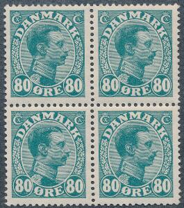 1915. Chr. X 80 øre, blågrøn. Perfekt postfrisk fireblok