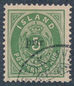 1897. Prir, 5 aur, grøn. Lille Prir. Pænt stemplet eksemplar. AFA 3800. Attest Nielsen