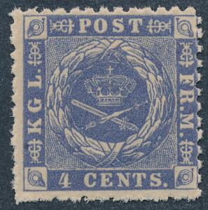 1872. 4 cents, blå, linietakket. Perfekt postfrisk mærker. AFA 3800. Attester Nielsen og Møller BPP.