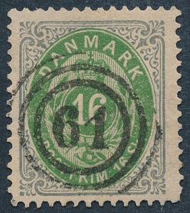 1870. 16 sk. grågrøn. PRAGT-mærke med retvendt nr.stempel 61 RØNNE.