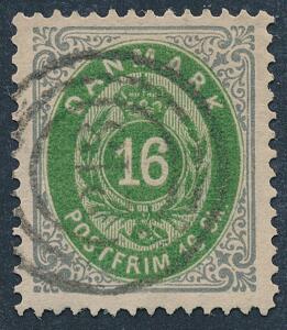 1870. 16 sk. grågrøn. Et smukt stemplet mærke med nr.stempel 213 FELTPOST.