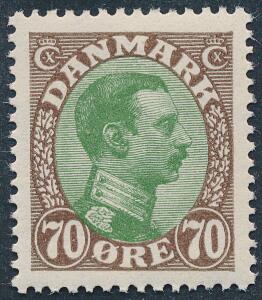 1918. Chr. X, 70 øre, brungrøn. Perfekt postfrisk kvalitet. AFA 550