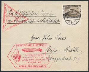 Tysk Rige. 1933. 4 RM, Zeppelin Chicagofahrt, brun på smukt ZEPPELIN-brev.