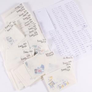 Sverige. Parti postfriske frimærker, sorteret i pergamynposer, iblandt 73 stk. privat post. Pålydende 2100 SEK.