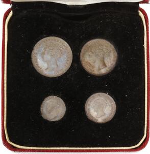 England, Victoria, Maundy Set 1884, 4, 3, 2, 1 Pence i sølv i original æske