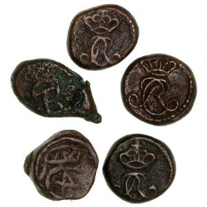 Lille samling af kas mønter fra Christian IV, Frederik VI og Christian VIII, i alt 5 stk., hvoraf de 4 stk. er 4 kas mønter
