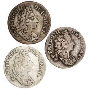 Norge, Frederik IV, 8 skilling 1702, 1703, 1712, NM 23, 24, 33, H 6B, i alt 3 stk. i varierende kvalitet