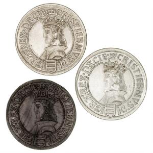 Christian II, skilling 1515, G 40, i alt 3 stk. nyere KOPIER, hvoraf 2 stk. er forniklede og 1 stk. er i tin