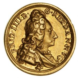 Frederik IV, guldjeton u. år 12 dukat med portrætter af kongen og dronningen, 1,54 g, G 349, ex. BR 389, lot 3260