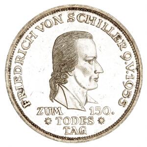 Tyskland, Friedrich von Schiller, 150 års dødsdag 1955, KM 114, svage ridser, møntskær