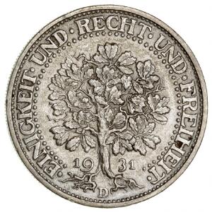 Tyskland, 5 mark 1931D, egetræ, KM 56
