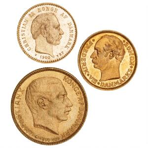 Christian IX, 10 kr 1900, H 9B, F 296, Frederik VIII, 10 kr 1909, H 2, F 298, Christian X, 20 kr 1914, H 1A, F 299, i alt 3 stk.