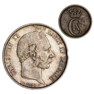 2 kr 1897, H 13B, 1 øre 1886, H 19A, 2 stk.