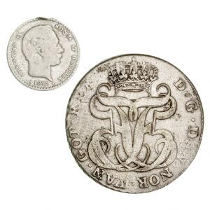 Samling af mønter fra bl.a. Frederik III, Frederik V og Margrethe II samt diverse andre mønter og medailler, i alt 8 stk. i varierende kvalitet
