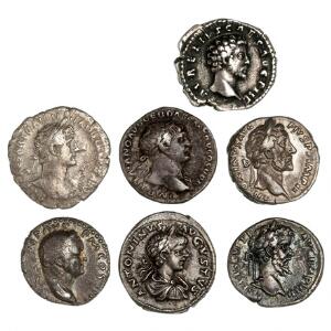 Romerske kejserdømme, 7 denarer fra Vespasian, Trajan, Hadrian, Antoninus Pius, Marcus Aurelius, Septimius Severus og Caracalla