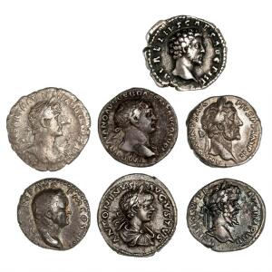 Romerske kejserdømme, 7 denarer fra Vespasian, Trajan, Hadrian, Antoninus Pius, Marcus Aurelius, Septimius Severus og Caracalla