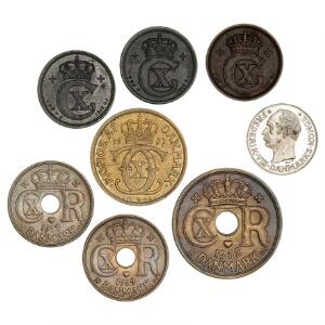 10 øre 1912, H H 5, Christian X, 12 krone 1939 01, H 22B, 25 øre 1932, H 24B, 10 øre 1929 og 1933, H 26B, 1 øre 1917, 1 øre 1918 2 stk. 01-0