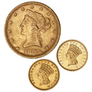 USA, dollar 1861, 1862, KM 86, F 94, 10 dollars 1899, KM 102, F 158, i alt 3 stk. Au