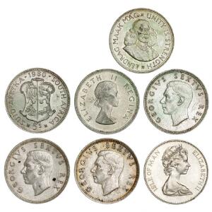Sydafrika, diverse 5 shilling 1948 - 1960, 5 stk., 50 cent 1963, KM 82, Isle of Man, 1 crown 1977, sølvbryllup, KM 41A, M, ialt 7 stk.