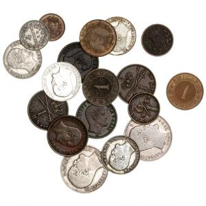Frederik VII, lille samling af blandede kobber- og sølvmønter, bl.a. 16 skilling rigsmønt 1856, 1857, 1858 VS, 12 rigsdaler 1854 og 1855 VS m.m., i alt 18 stk.