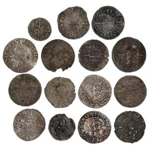 Samling af mønter fra hovedsagelig Frederik I og II, bl.a. søsling 1524, G 57A, B, diverse 1 skilling mønter, bl.a 1 skilling 1563, H 12 m.m., i alt 15 stk.
