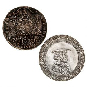 Christian II, sølvgylden u. år, G 44, nyere støbt kopi af det omdiskuterede stykke i Paris Frederik I, 1 sølvgylden 1532, G 47, nyere støbt kopi i tin.