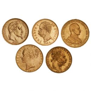 Samling af guldmønter fra England, Frankrig, Italien, Tyskland, og Ungarn, i alt 5 stk. i varierende kvalitet