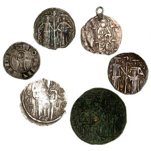 Ungarn, Bulgarien, Antiochia, Trapezunt, Serbien, 6 interessante middelaldermønter, én med øsken