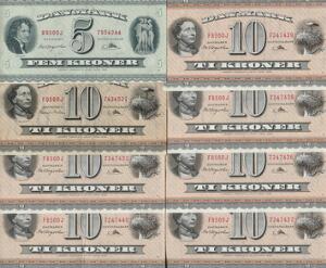 Lille samling af 5 og 10 kr 1950 - OJ-erstatningssedler, i alt 8 stk. - hovedparten i kval. 0