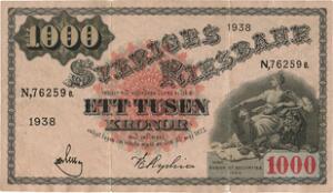 Sverige, 1000 kr 1938, nr. N,76259e., Pick 38c