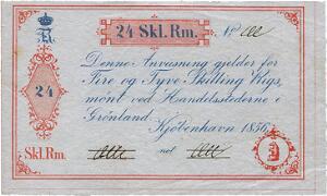 Handelsstederne i Grønland, 24 skilling rigsmønt 1856, Sieg 35, Pick A35, annulleret seddel