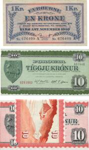 Færøerne, 1 kr 1940, 10 kr. 1974, Sieg 15, 27, kval. 01 begge pressede, 10 kr 1954, Sieg 24, 10 stk. i nummerfølge, den ene foldet de andre kval. 0