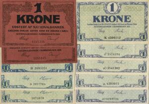 1 kr 1916, 1916 A, B, 1921 Æ, 2F, 2G, 2L, 2O, Sieg 117, 8 stk. i kval. 0-01 eller bedre, 1 kr 1914 7 cifre, Sieg 115, 1 kr 1914, Sieg 116, begge kval 01