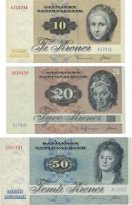 50 kr 1972 A1, 20 kr 1979 A1, 10 kr 1972A1, i alt 3 stk.