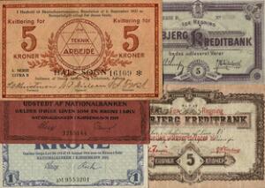 Lille lot 1 kr 1914, 1921, JAK, 5 kr 1932, Esbjerg kreditbank, 5 kr u. år, 2 fsk., i alt 5 stk.