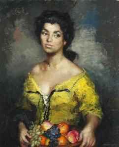 Amadeo Freixas Vivo Portræt af sydlandsk kvinde med frugtskål. Sign. Freixas Vivo. Olie på lærred. 81 x 65.