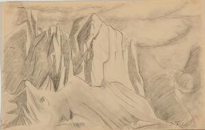J. F. Willumsen Bjerglandskab. Sign. J.F.W. dødsbostempel på bagsiden. Blyant på papir. Bladstørrelse 14 x 21.