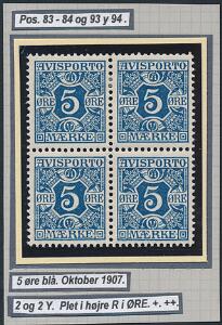 1907. 5 øre, blå. Fireblok med variant Plet i R. Nedre parstykke incl. varianten er postfrisk. Usædvanlig fine centreret kvalitet.